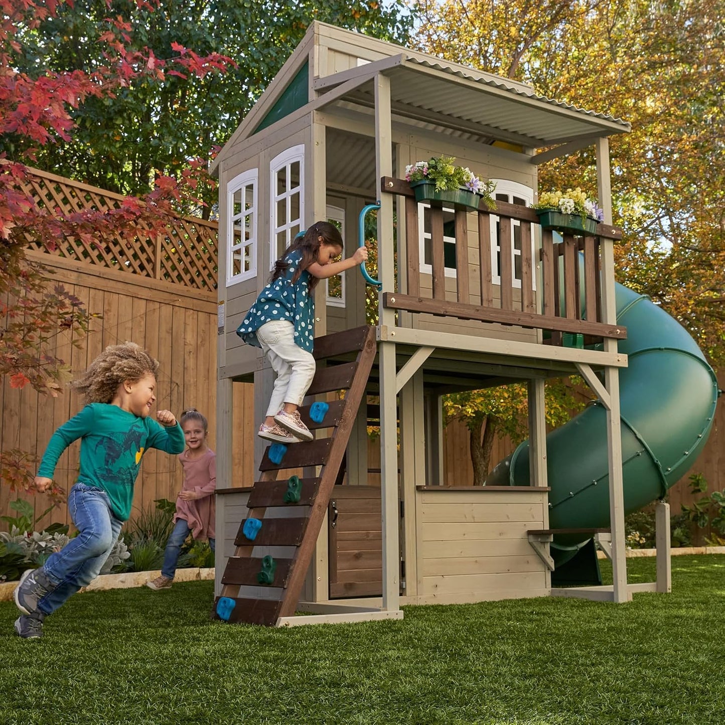 KidKraft Wooden Playhouse with Tube Slide – 2 Storey Outdoor Playground for Kids, Climbing Frame with Turbo Tube Slide & Rock Wall, Garden Play Tower