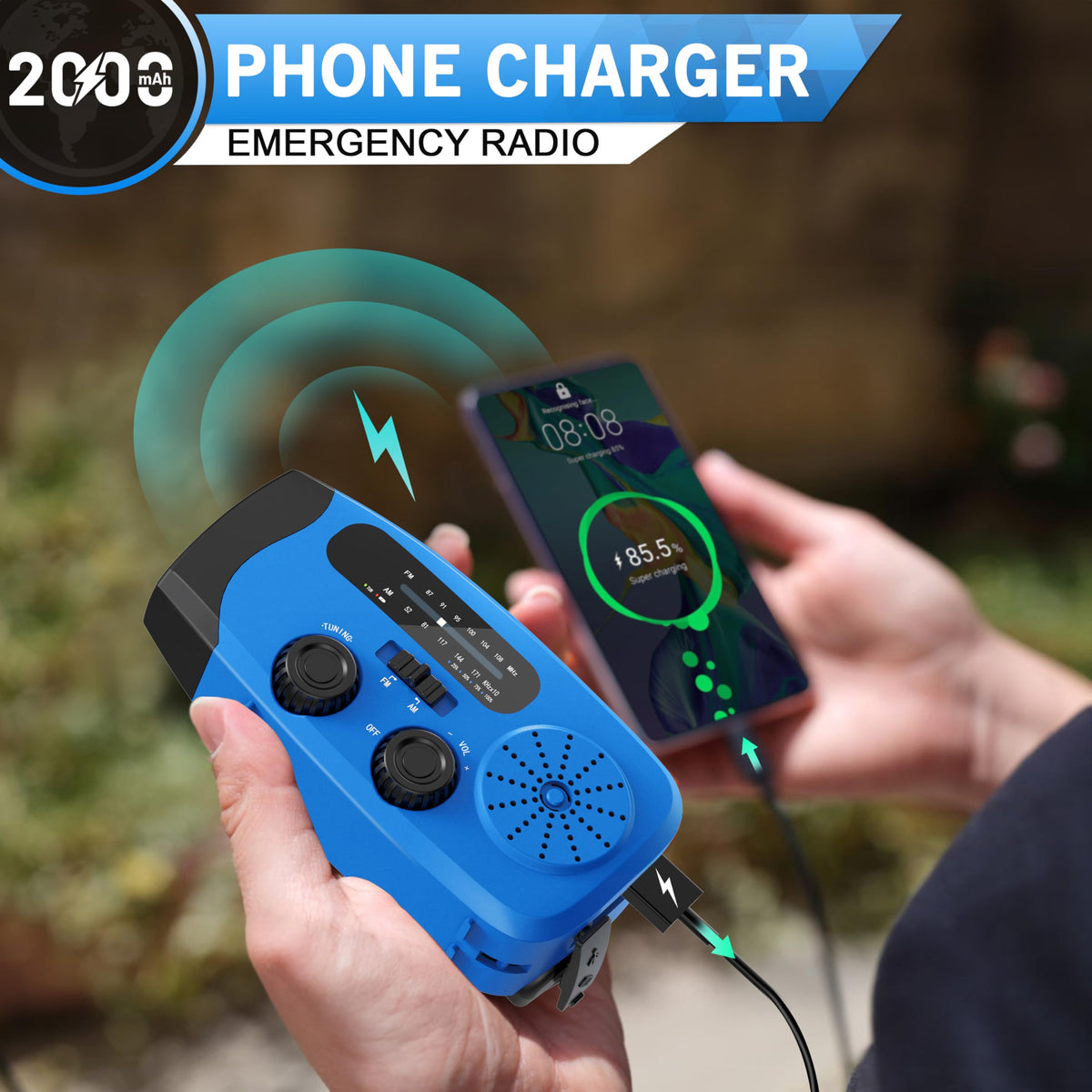 Wind Up Solar Radio, 7400mWh (2000mAh) Solar Powered Radio Emergency Hand Crank Radio with 3 Built-in Cables, Battery Operated, SOS Alarm & Flashlight, Emergency wind up torch for Hurricane, Emergency
