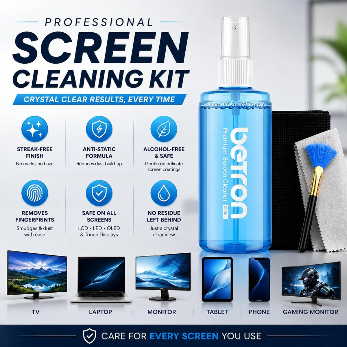 Betron Screen Cleaner Spray Kit with Cloth for TV, Laptop, Monitor, 200ml