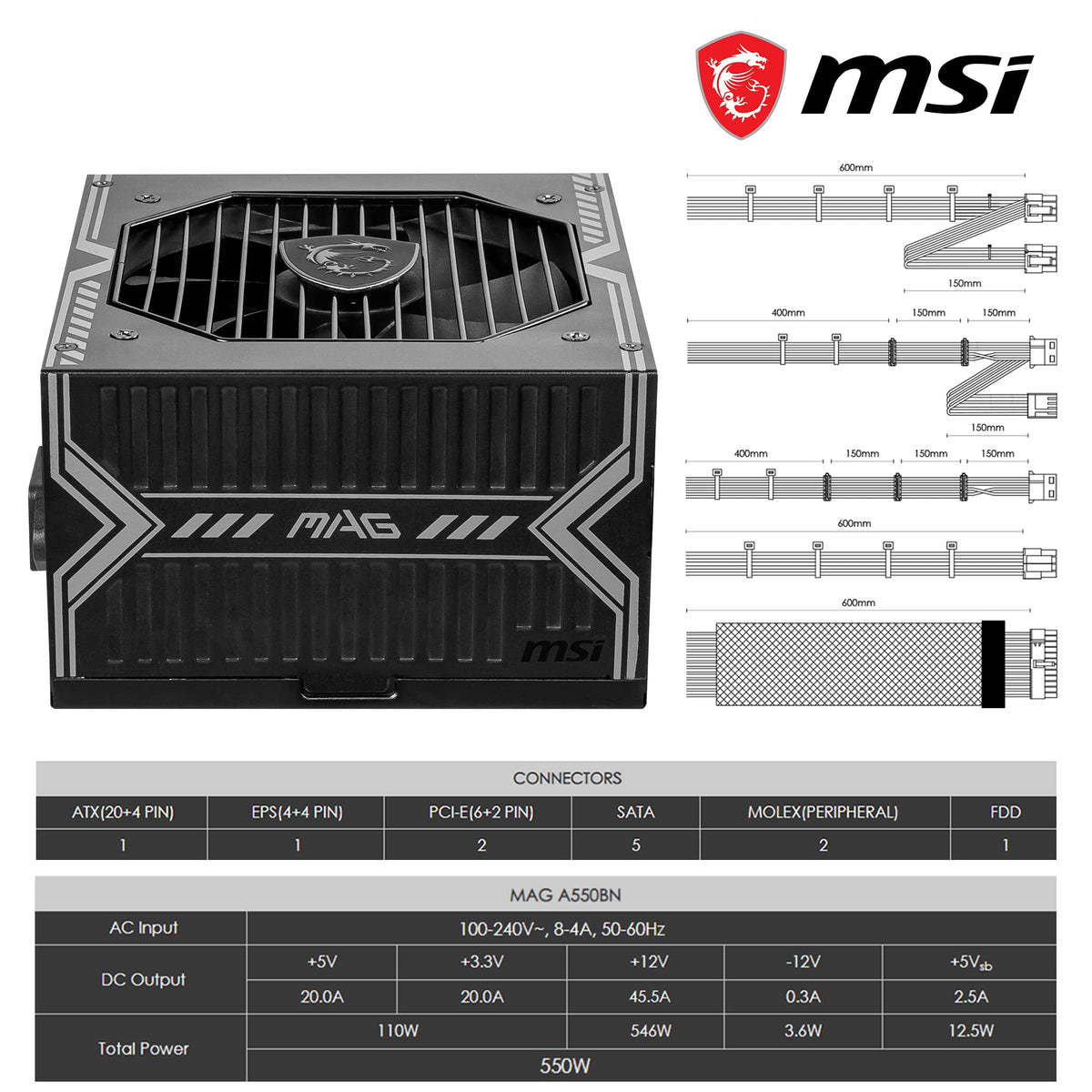 MSI MAG A750GL PCIE5 Power Supply Unit, 750W, 80 Plus Gold, Fully Modular, ATX 3.0, PCIe 5.0 GPU Support, 120mm FDB Fan, Full-Bridge LLC, Flat Black Cables - 7 Year Warranty
