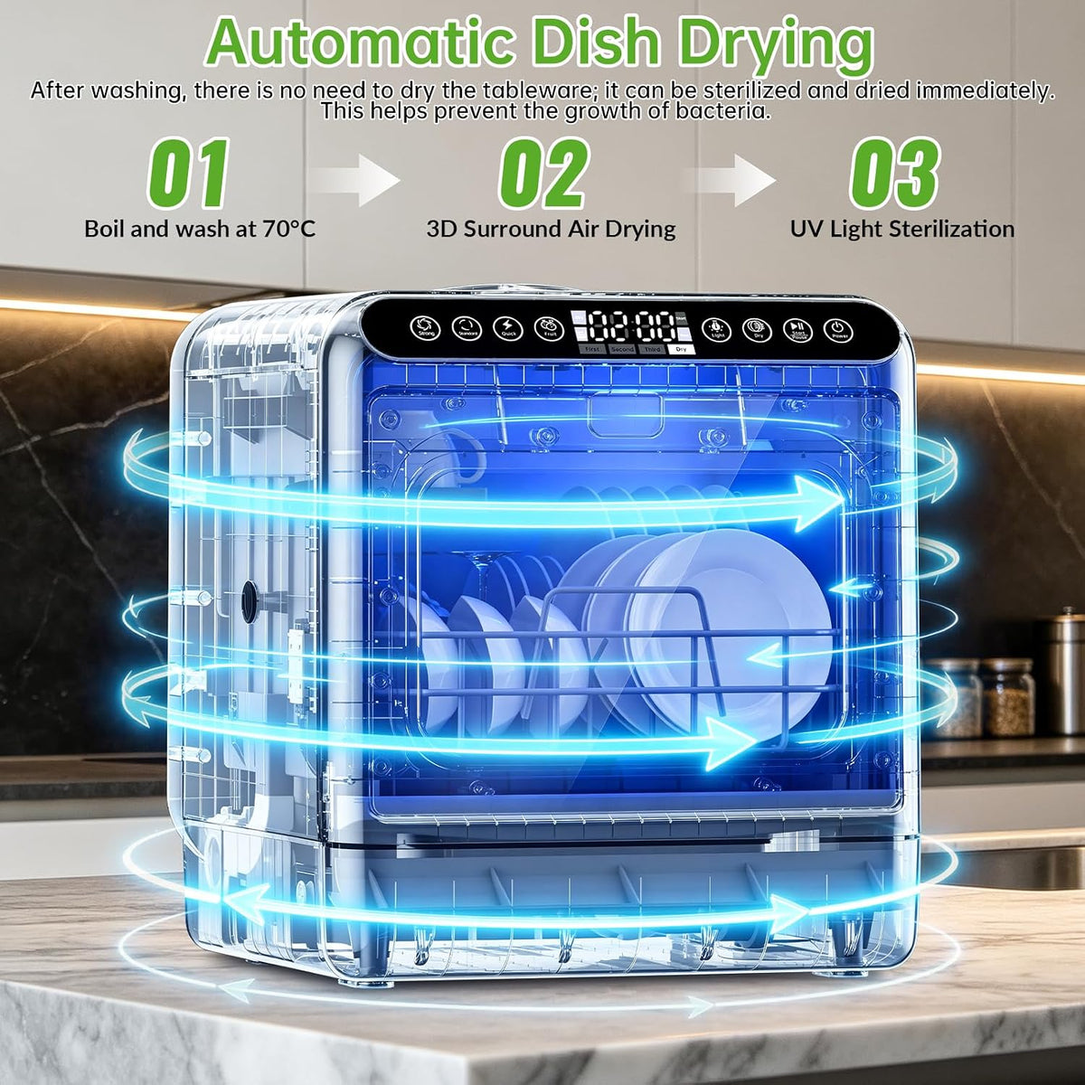 Countertop Dishwasher, Portable Dishwasher with 5L Built-in Water Tank, 5 Programs with 40 dB, 360° Dual Spray, 6 Full Accessories for Homes, Apartments and RVs