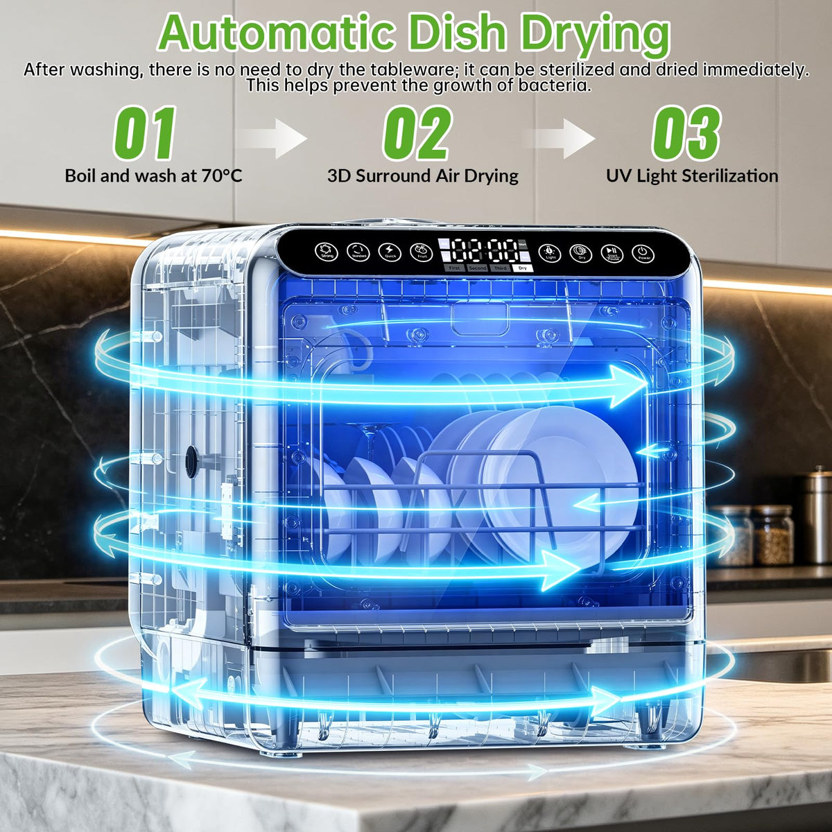 Countertop Dishwasher, Portable Dishwasher with 5L Built-in Water Tank, 5 Programs with 40 dB, 360° Dual Spray, 6 Full Accessories for Homes, Apartments and RVs
