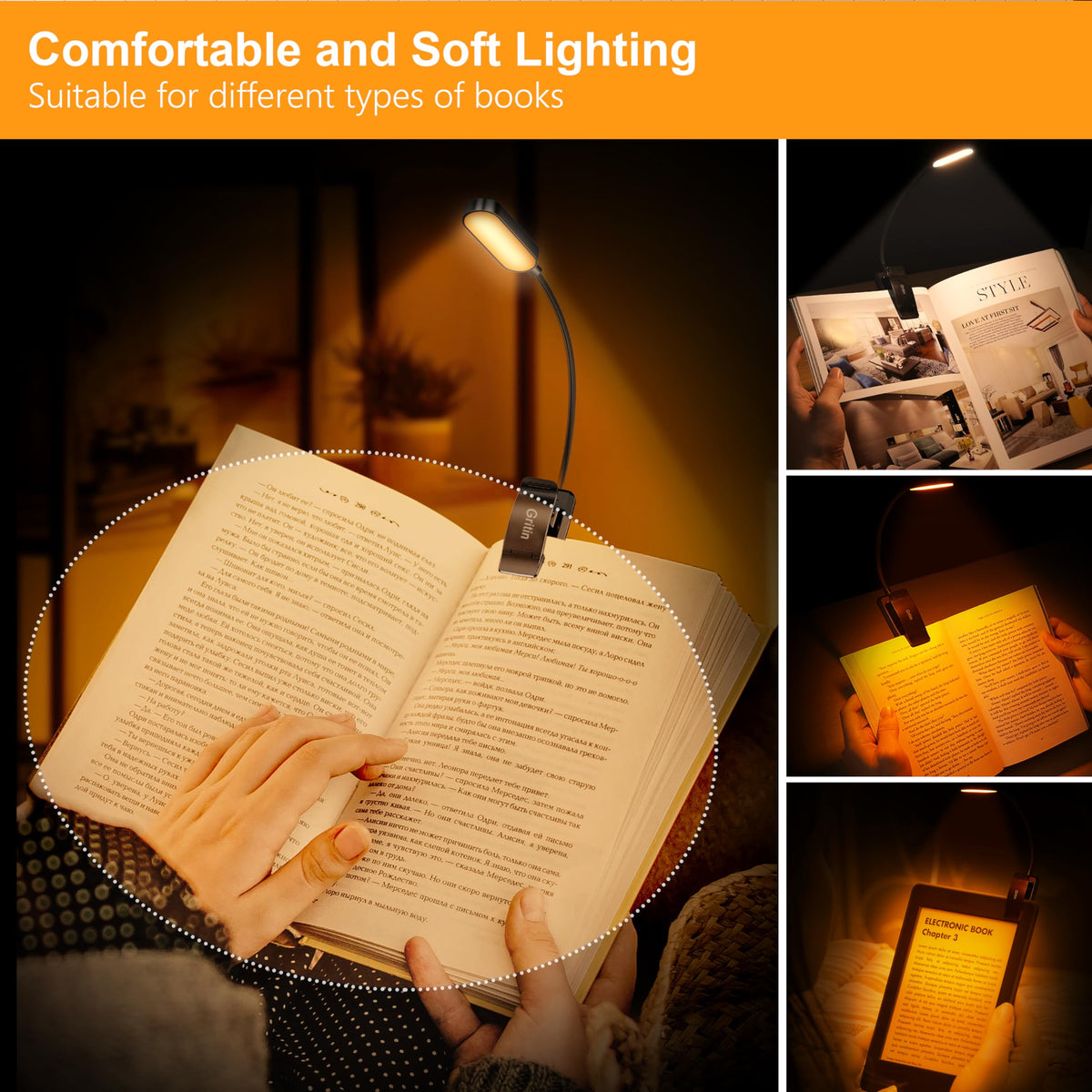 Gritin 16 LED Reading Light, Book Light - Eye Caring 3 Color Temperatures
