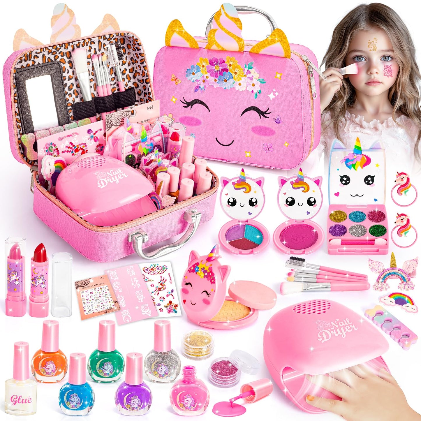 Hohosunlar Girls Makeup Set Kids Toys - Washable Non-toxic Kids Make Up w/ Nail Polish Dryer, Princess Accessories Nail Varnish Set, Christmas Birthday Gift Toys for Girls 3 4 5 6 7 8-12 Years Old