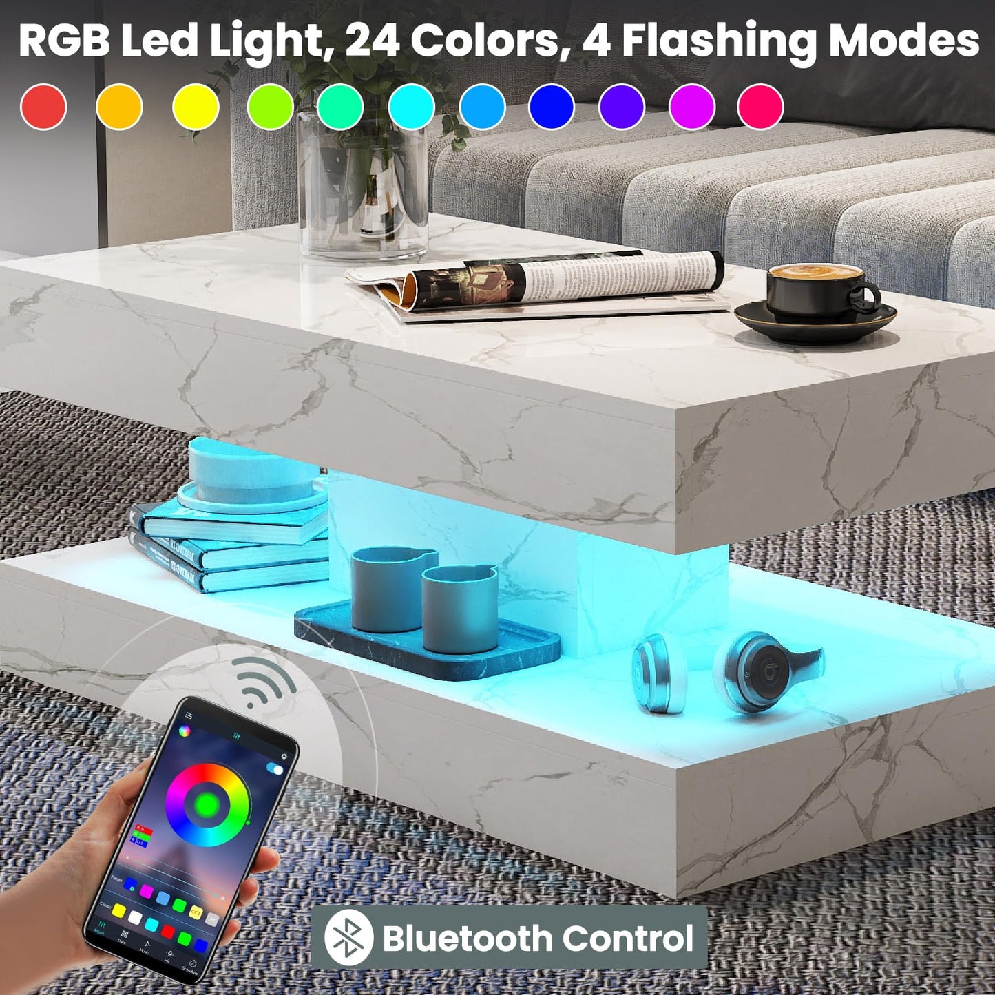 COSVALVE White Marble Coffee Table for Living Room with 24 Colors LED Light, 2 Tier High Gloss Modern Centre Table Rectangle Tea Table for Home, Office Furniture