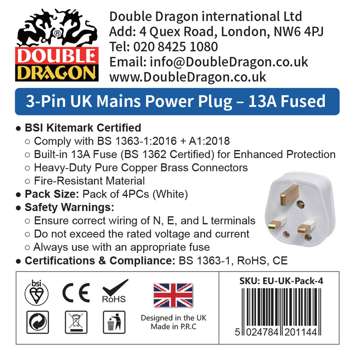 Double Dragon 13 Amp UK 3-Pin Plug | Heavy-Duty Rewireable Electrical Plug | Durable & Safe PC Flame Retardant Material | BS1363 & BSI Certified | Cord Grip for Secure Wiring (Pack of 2, Black)