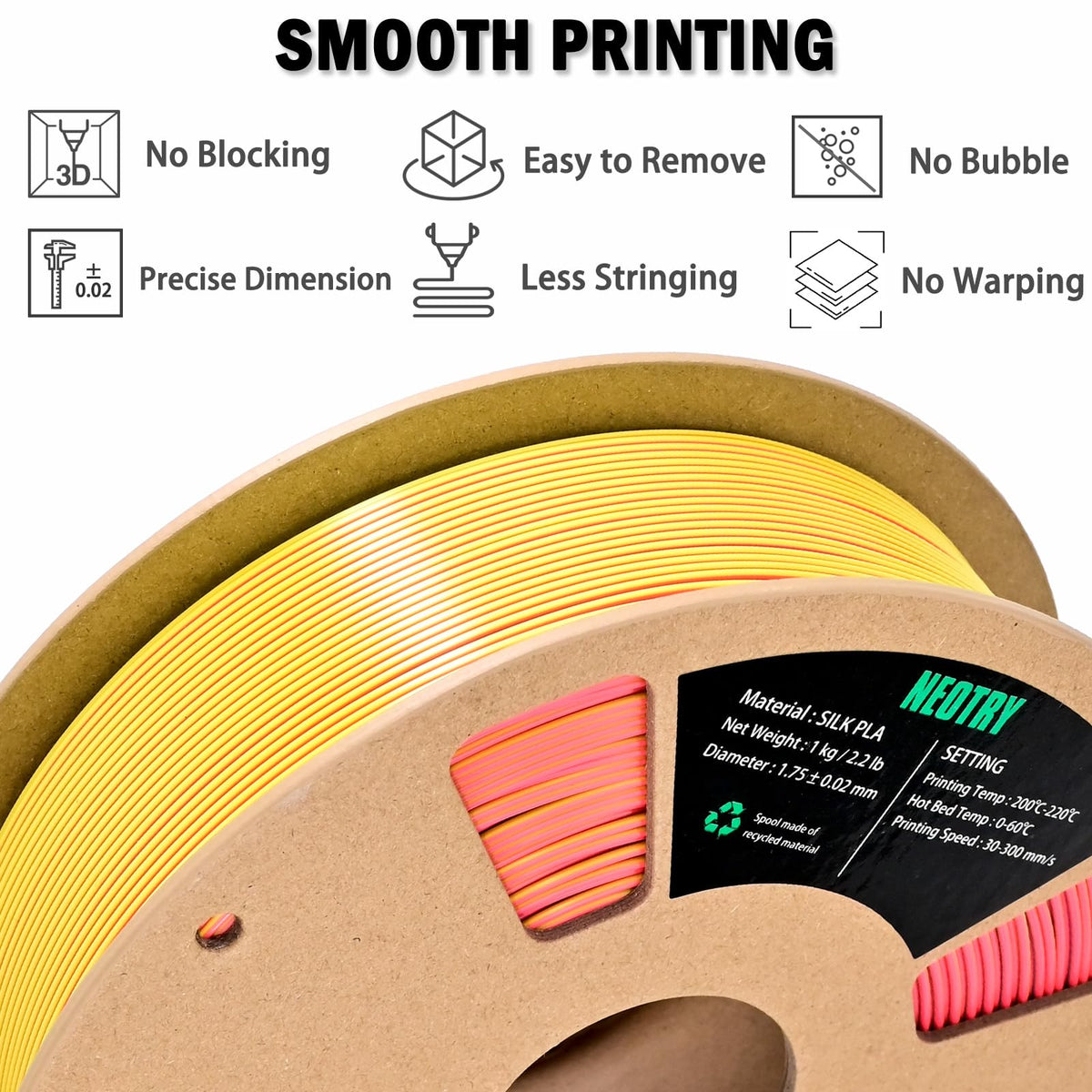 Silk Tri Colour PLA Filament 1.75mm 1kg, Multicolor 3D Printer Filament, Filament 3D Printing Materials for Most FDM 3D Printer, Silk PLA Red Yellow Blue, Rainbow PLA Filament 1.75mm ± 0.02