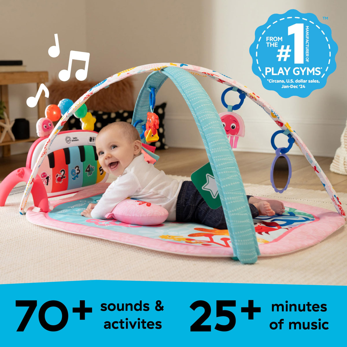 Baby Einstein 4-in-1 Kickin Tunes Play Gym, Tummy Time Baby Play Mat with Kick Piano, Music & Language Discovery, Sensory Toys, Lights & Sounds, for Newborns & Up
