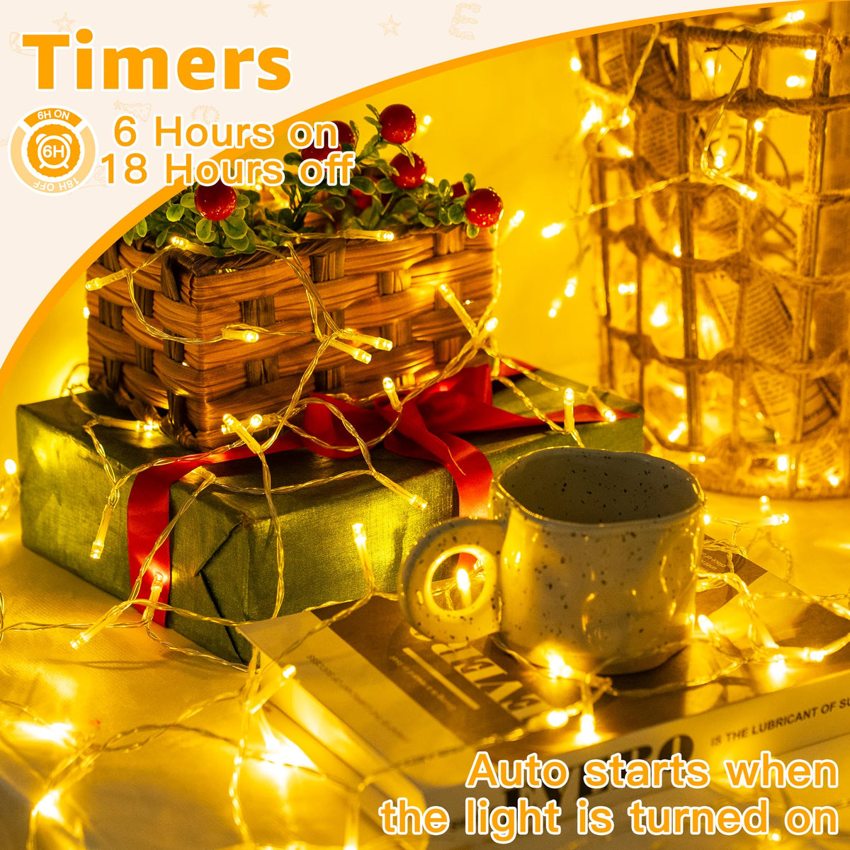 Ollny Fairy Lights Battery Operated, 10m 100 LEDs Bright Battery Powered String Lights, Cool White Outside Christmas Lights Waterproof with 8 Modes/Timer for Indoor Outdoor Bedroom Garden Decorations