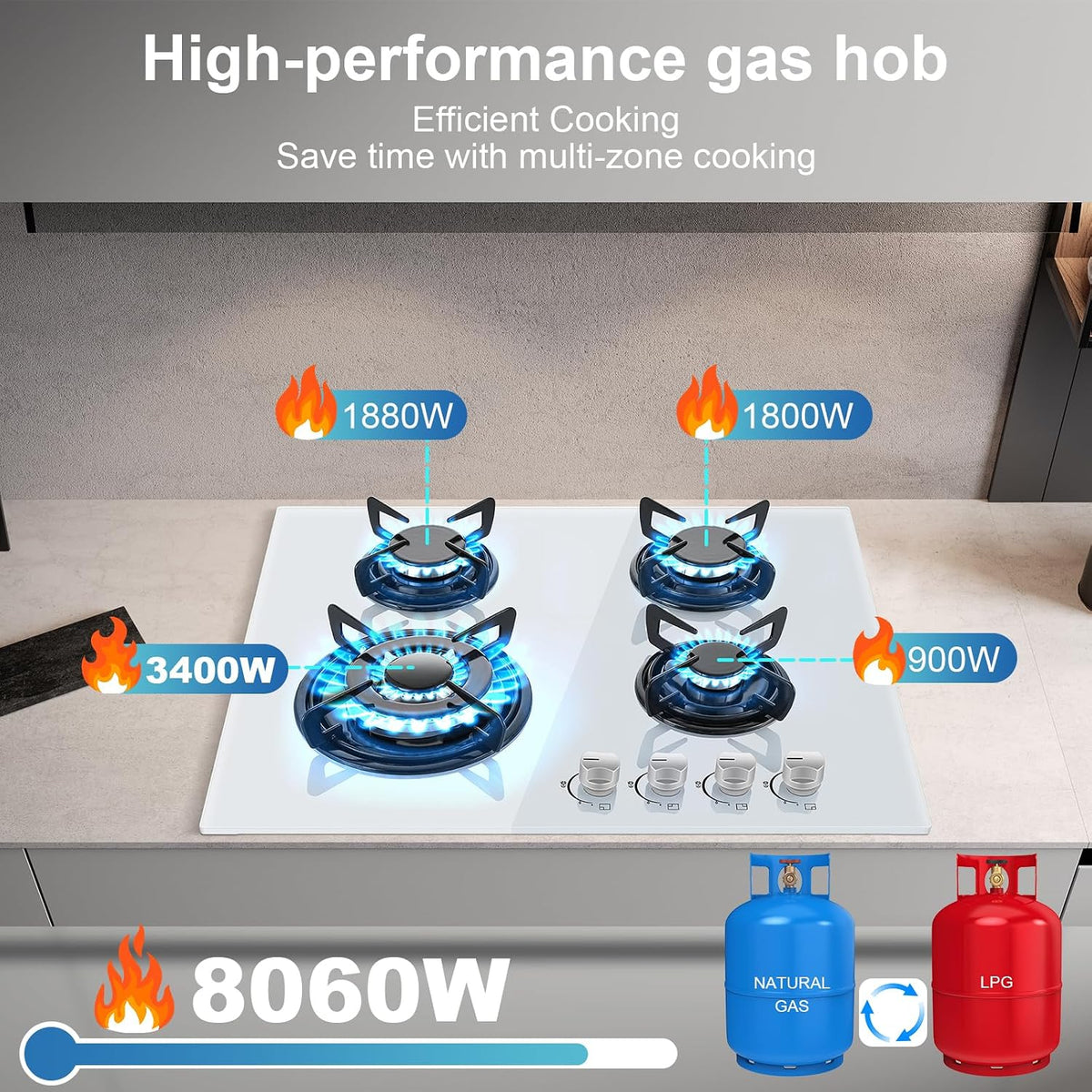 TopStrong Gas Hob 4 Burners, 60cm Black Glass Built-in Cooktop with 8060W Wok Burner & Thermocouple Protection, Natural Gas & LPG Compatible