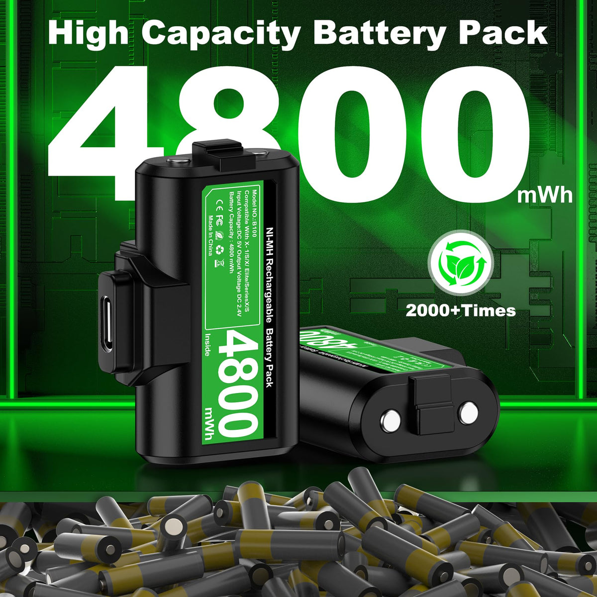 Rechargeable Battery Pack for Xbox Controller, Battery Pack with 2×4800mWh/LED Indicator/12 Hours Playtime,Play and Charge Kit for X-box One/S/X/Elite, Xbox Series S/X Interactive Gaming Figures