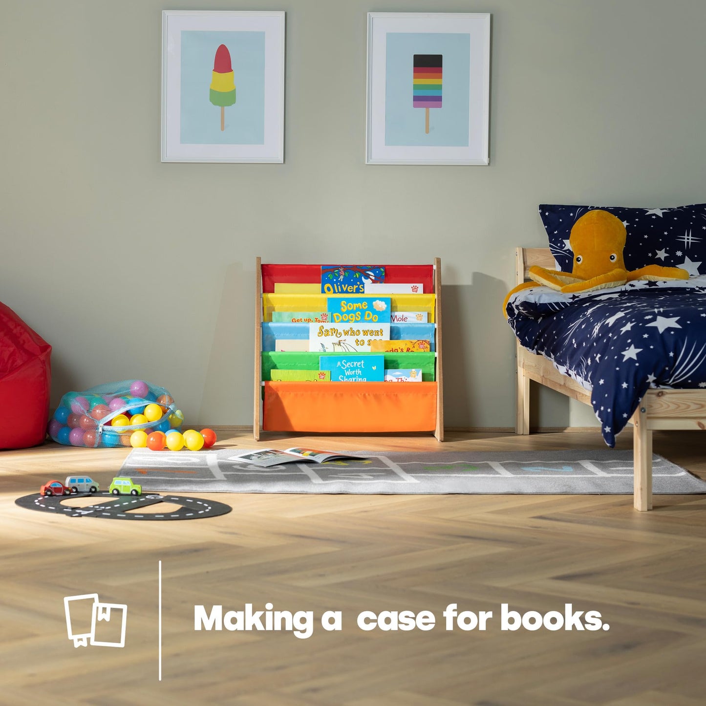 LIVIVO Colorful Kids Bookshelf - 4 Tier Children's Bookcase, Magazine and Book Storage Rack, Wooden Sling Book Organizer, Book Shelf for Kids Room, Bedroom, Nursery, Playroom (Natural)