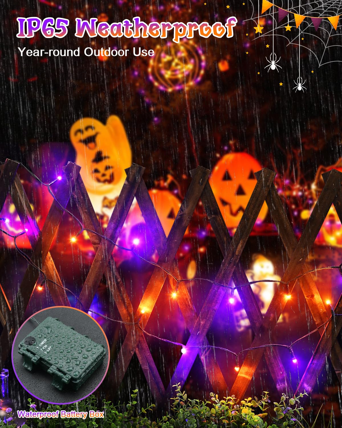 Dalugo Halloween Decoration Lights, 5M 50 LED Orange Purple White Fairy Lights with Timer, IP65 Waterproof Battery Powered Lights for Indoor Outdoor Autumn Halloween Decorations(Green Wire)