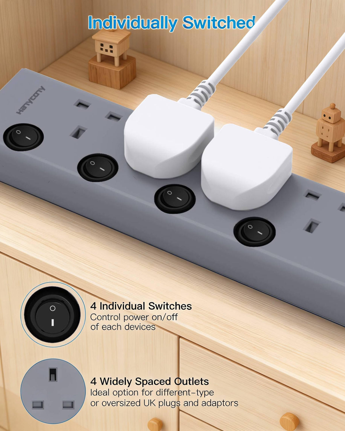Extension Lead with USB Slots(2 USB C), 4 Way Plug Extension Socket, 1.8M