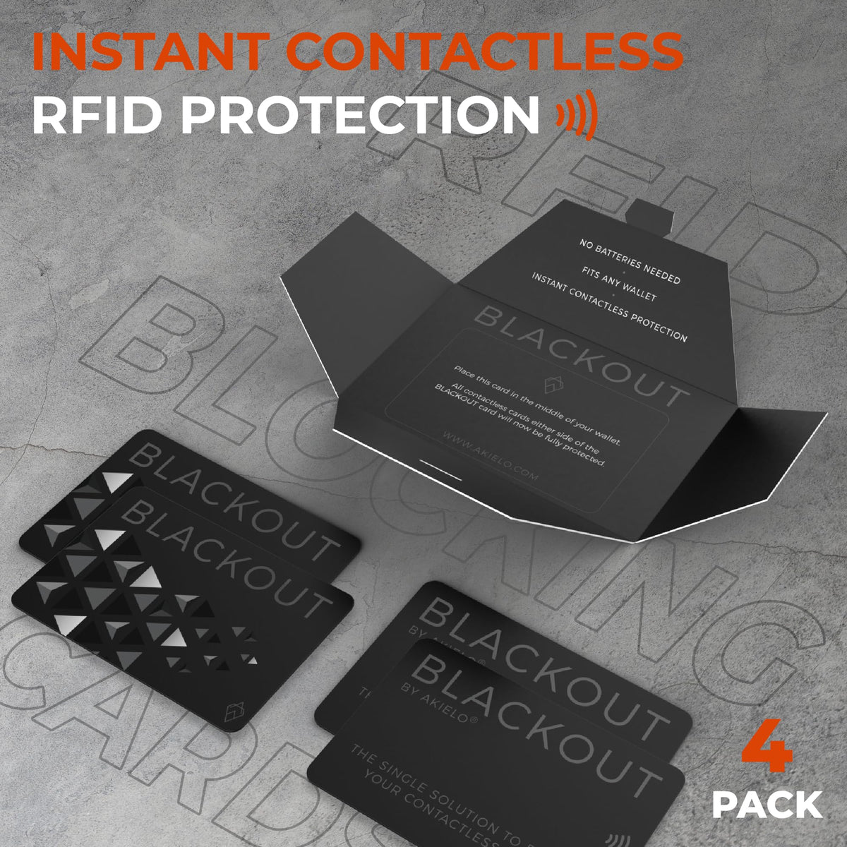AKIELO Blackout RFID Blocking Card (4 Pack) – Ultra Thin Anti Theft Credit Card Protector – Ultimate Bank Card Blocker for Contactless Cards and Wallet Protection (Black Edition - 4 Pack)