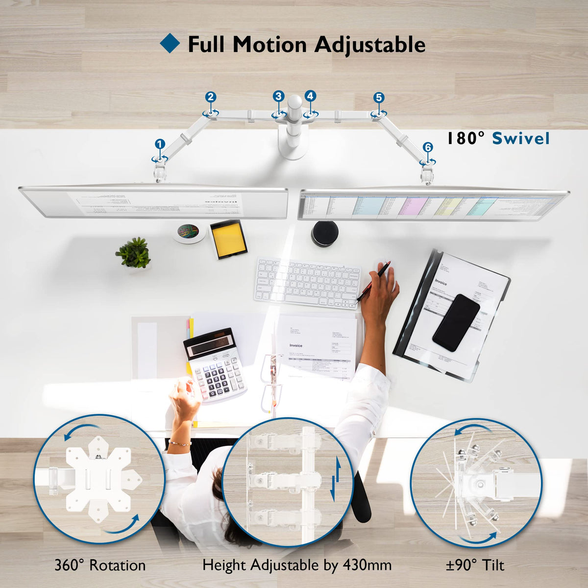 BONTEC Dual Monitor Arm Desk Mount for 13–27 Inch Computer Screens, VESA 75x75/100x100, Full Motion Adjustable Monitor Arm with 360° Rotation, Height Adjustable up to 430mm, Max 10kg per Arm, Black