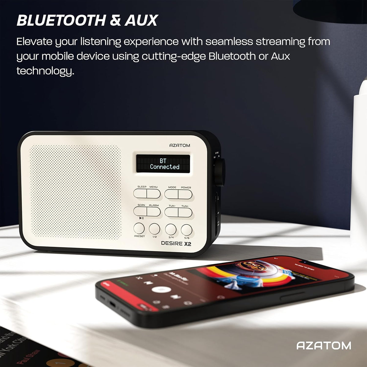 DAB/DAB+ & FM Portable Digital Radio | Simple Controls | Dual Alarms & Sleep Timer | Battery & Mains Powered (4x”AA”) | Bluetooth | Perfect for Home, Office or Outdoors | AZATOM Desire X2 (Black)