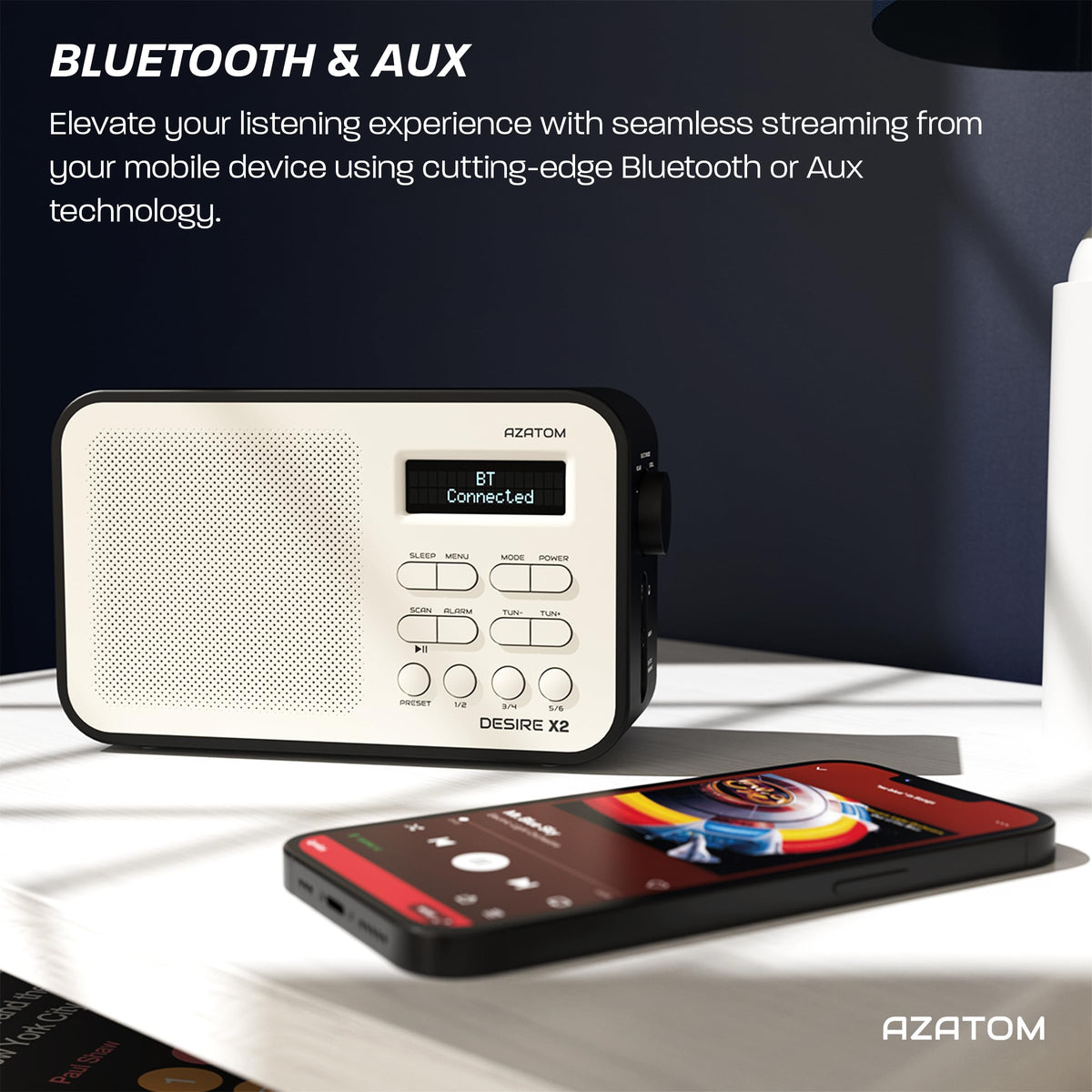 DAB/DAB+ & FM Portable Digital Radio | Simple Controls | Dual Alarms & Sleep Timer | Battery & Mains Powered (4x”AA”) | Bluetooth | Perfect for Home, Office or Outdoors | AZATOM Desire X2 (Black)
