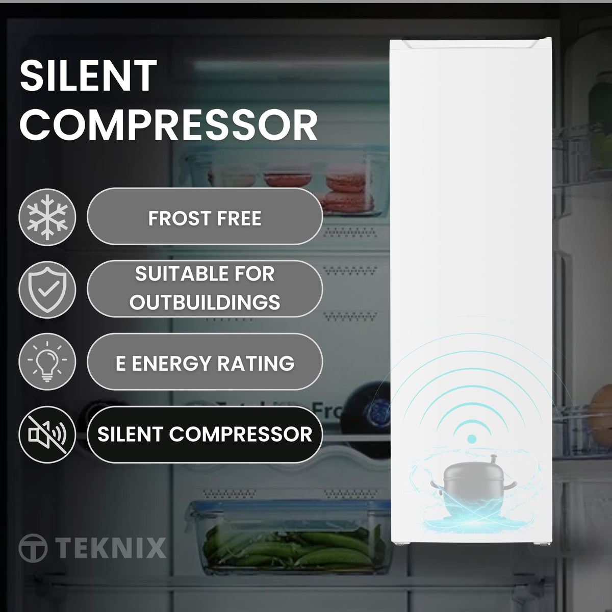 Teknix UC48F2W Freestanding Undercounter Freezer - 48cm Width / 60 Litre Capacity - Suitable for Outbuildings - 3 Large Compartments - 4 Star Freezer Rating - White
