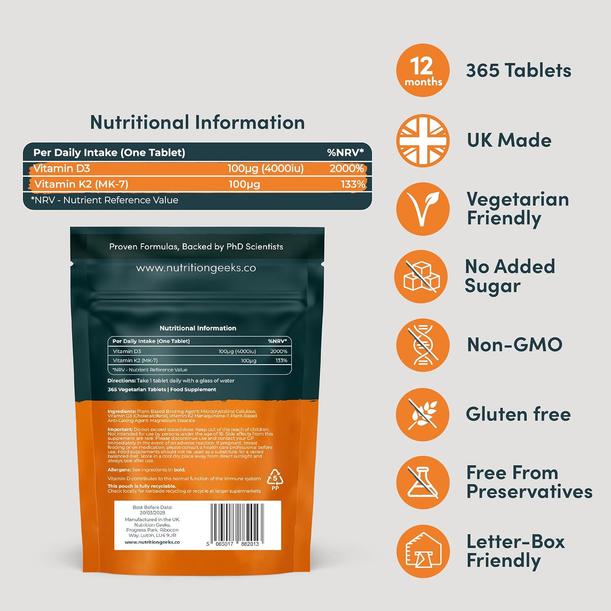 Vitamin D Tablets 4000 iu & Vitamin K2 MK7 100μg Vitamin D3-1 Year Supply
