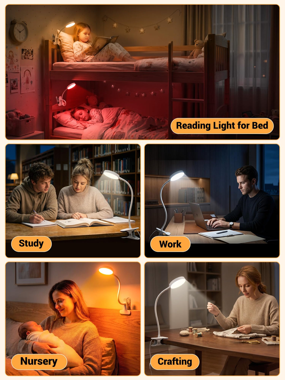 Reading Light,10 RGB Colors Desk Lamp with Clamp,10 Dimmable Clip on Light