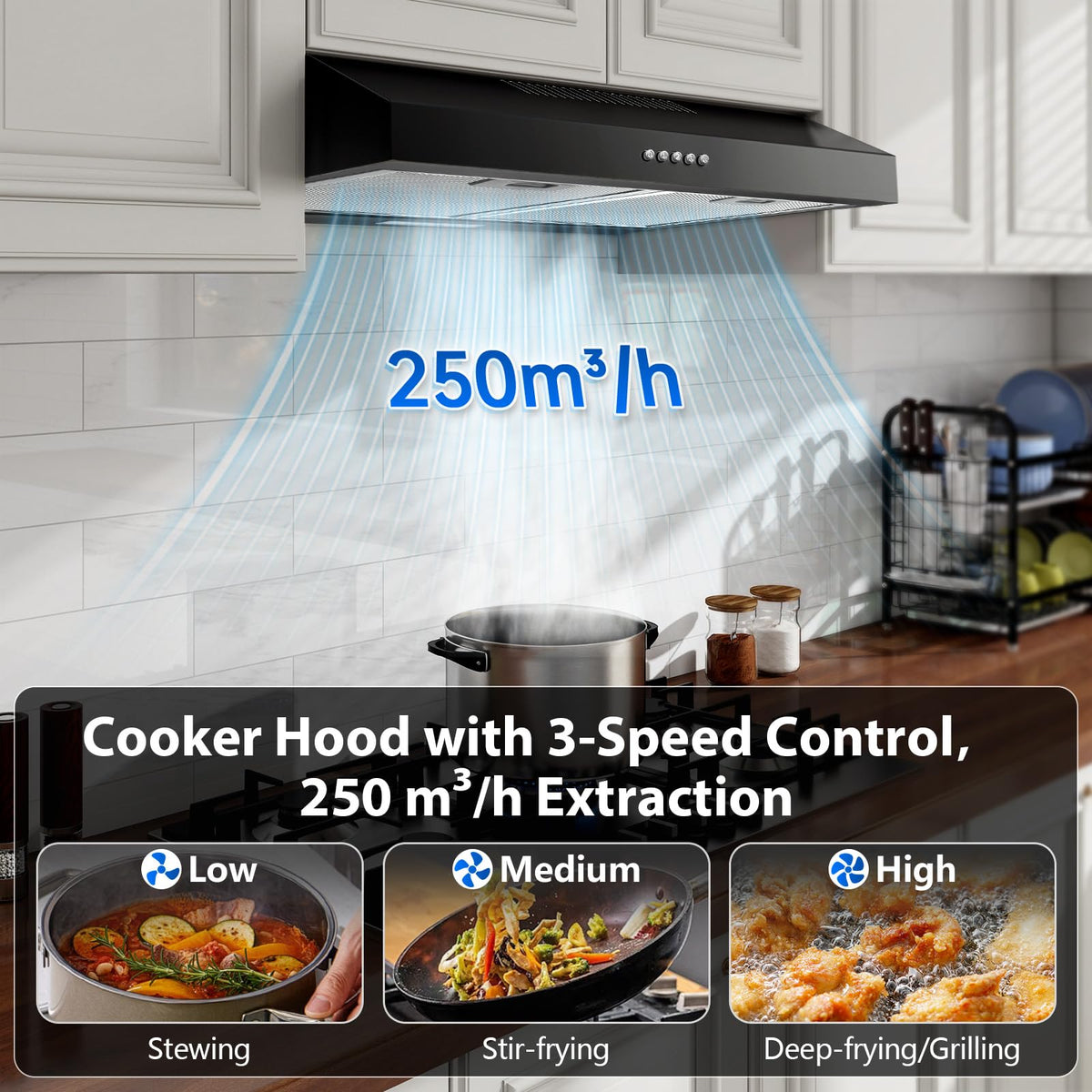 TopStrong 60cm Under Cabinet Cooker Hood, 250m³/h Slim Kitchen Extractor Fan, 3 Speed, A+ Energy Rating, LED Light, 430 Stainless Steel, Recirculating & Ducted Extractor Hood