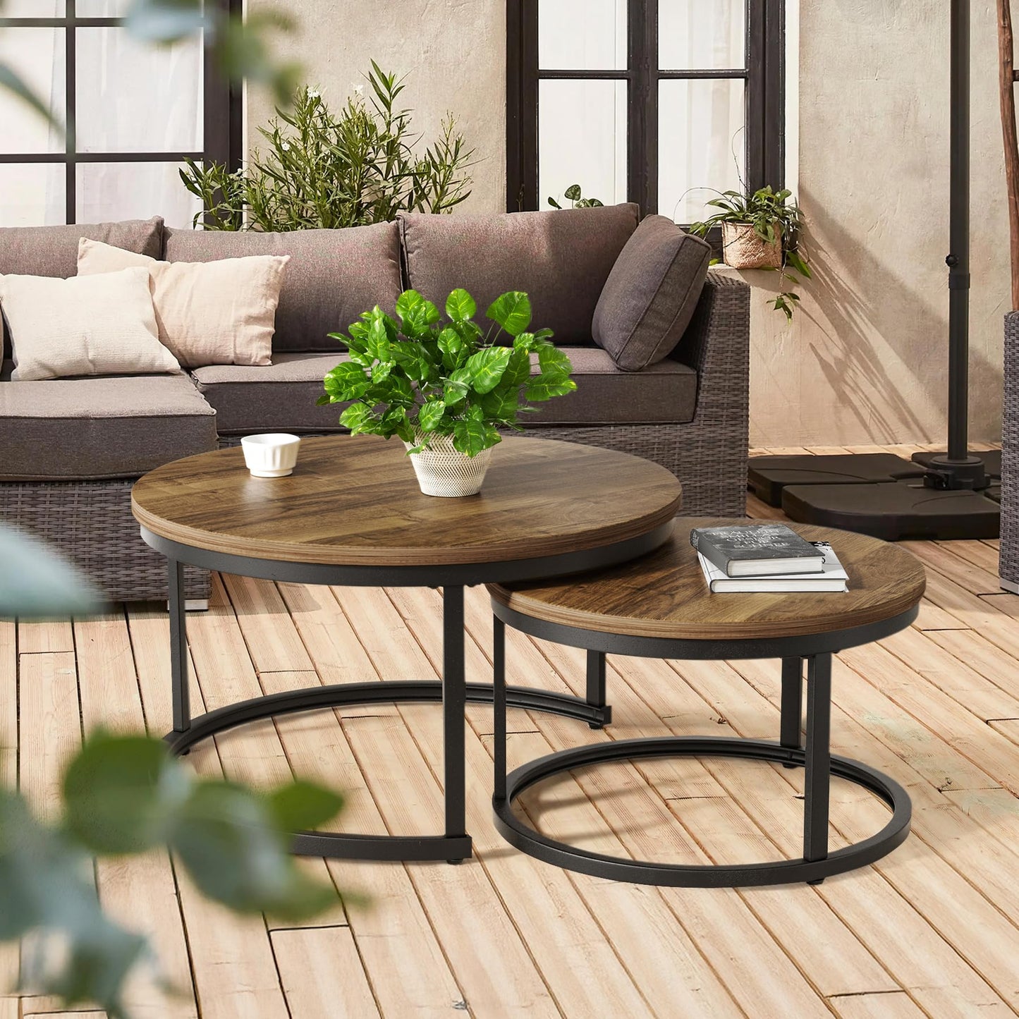 Hawthyhome Coffee Tables, Round Nesting Tables Tet of 2, Modern Side Tables with Metal Frame, Industrial Stacking End Tables for Living Room Bedroom Office, 60 * 60 * 45cm, Brown