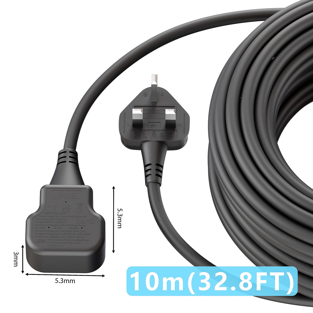 LIPWEL Outdoor Extension Lead 15m Extra Long Cable UK 13A Fused Plug Extension Socket Black 1 Way Socket Outside Using for Garden