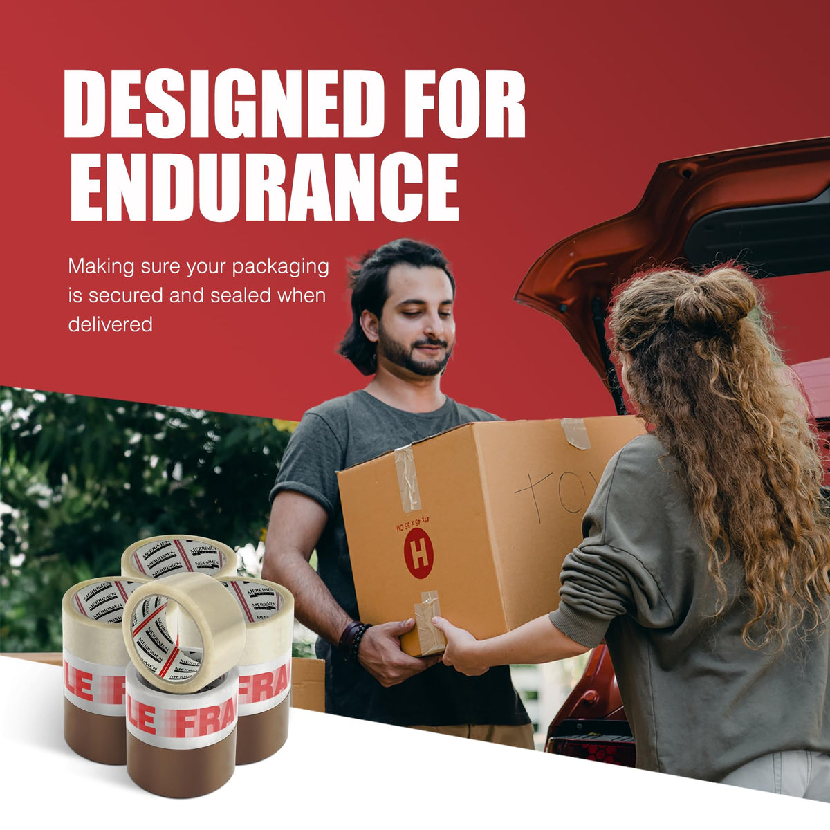 Merrimen Strong Heavy Duty Roll Pack Fragile Packaging Tape, Secure Sticky Sealing Tape for Parcel Boxes, Moving Boxes, Large Postal Bags for Long Term Storage, (48MM x 66M) (12 rolls, Fragile)