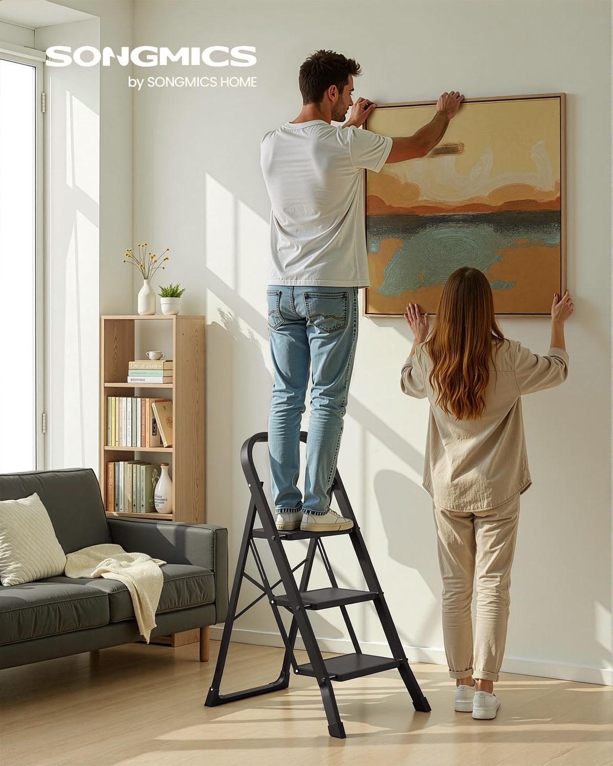 SONGMICS 2-Step Ladder, Folding Step Ladder, Safety, Holds up to 150KG