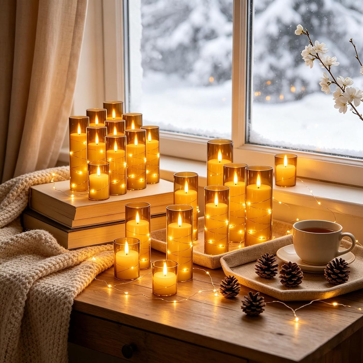 5 Pack Ivory Transparent Taper Candles, Black Wick Flickering Flameless LED Candles with Fairy Lights, Heat Resistant Reusable Plastic Candles, Remote Control, 14/14/16/18/20cm, Indoor Outdoor Decor