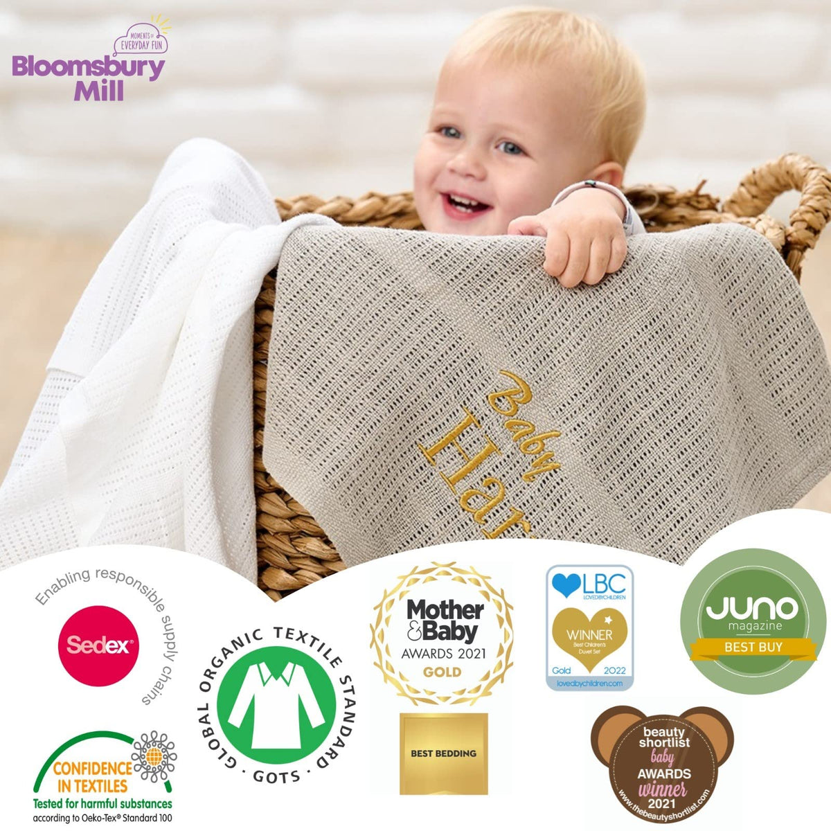 Bloomsbury Mill - Cellular Blankets Baby - 100% Organic Cotton - 2 Pack - Cloud - White - Newborn Essentials - Soft Breathable Baby Blankets for Pram, Cot, Moses Basket - 75x95cm