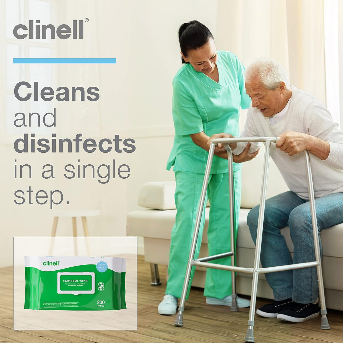 Clinell Universal Cleaning and Disinfectant Wipes - Pack of 6, 1200 Wipes - Multi Surface, Kills 99.99% of Germs, Quick Action, Green, Pleasant Fragrance
