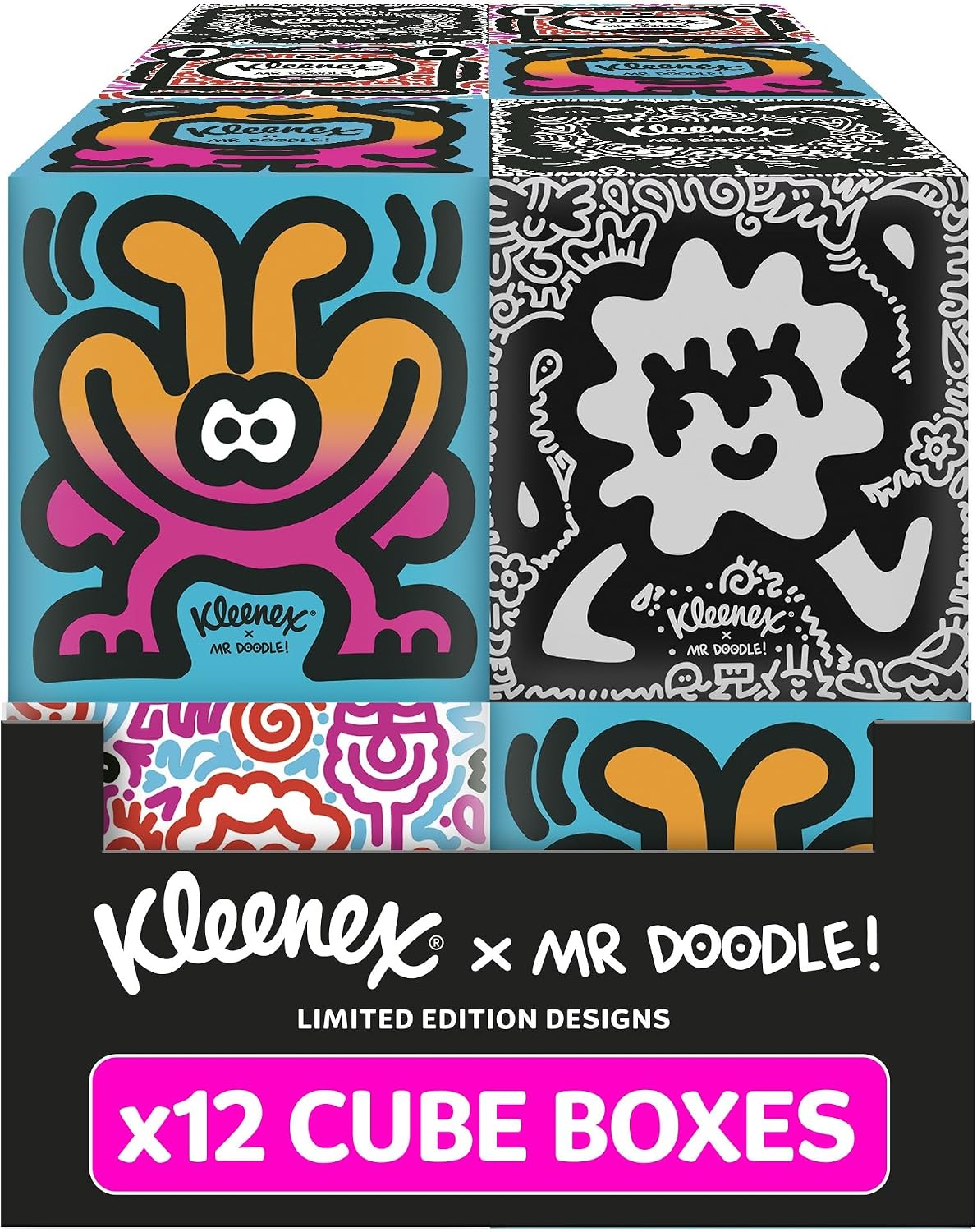 Kleenex x Mr Doodle Limited Edition Design Multipack Facial Tissues - 12 Cube Tissue Boxes, Designed in Collaboration with Mr Doodle, Made To Look Beautiful in The Home.