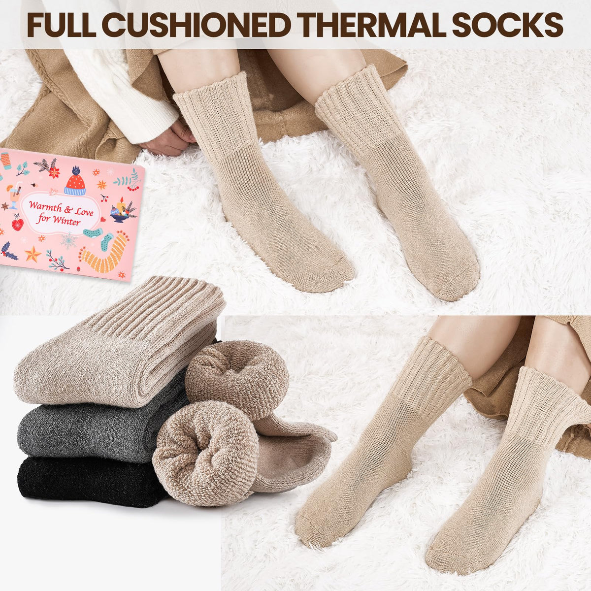 Niorasen Women's Thermal Socks, 3 Pairs Full Cushioned, Cosy Gift Winter