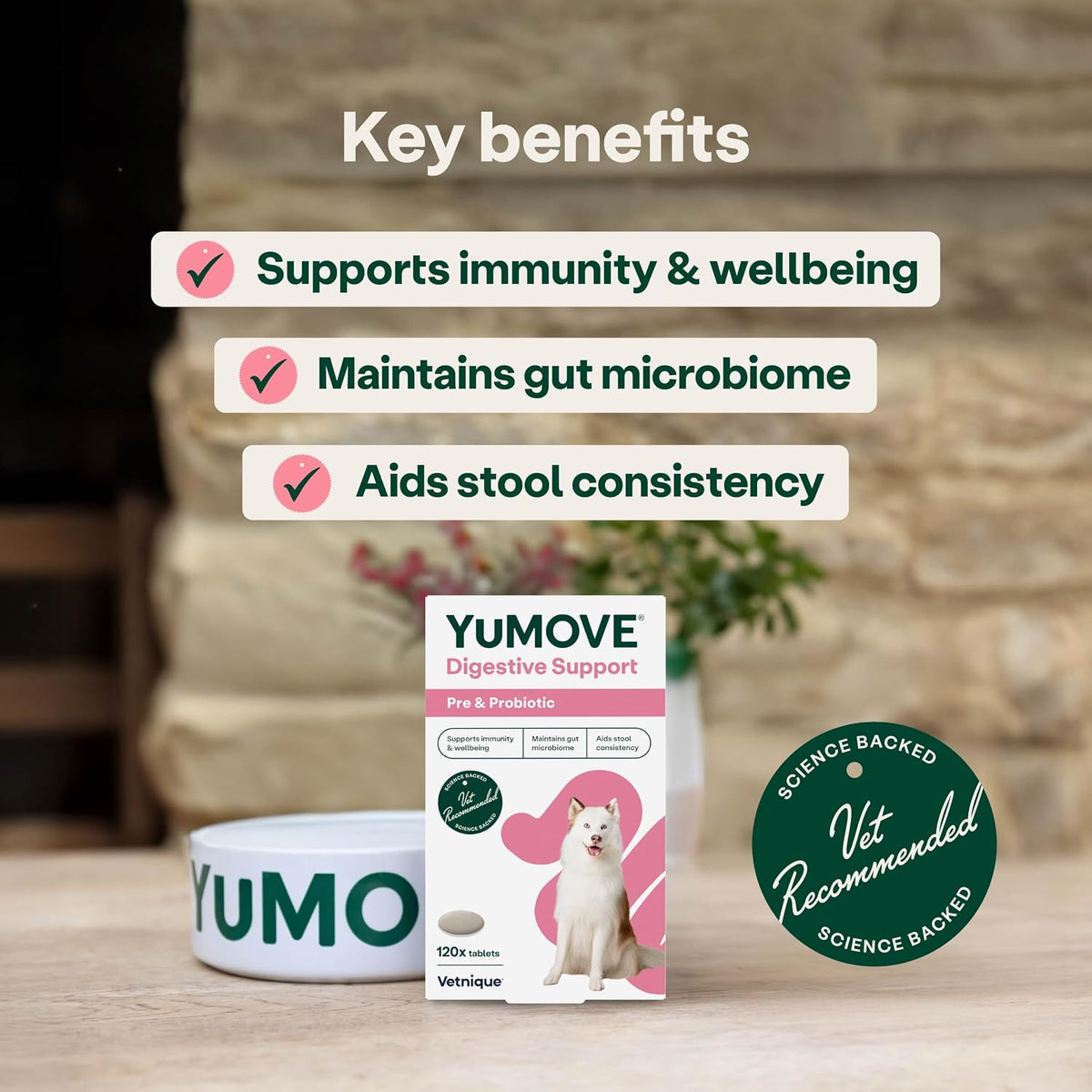 YuMOVE Digestive Care, Dog Pre and Probiotics Supplement for Gut Health, Digestive Support for All Ages and Breeds, 120 Tablets - Eco Friendly and Letter Box Ready Packaging