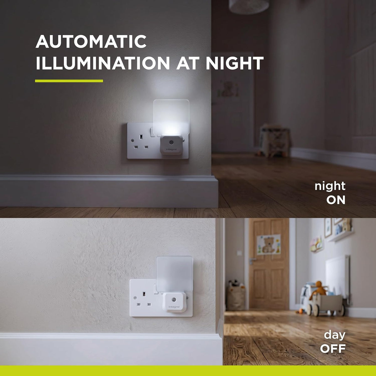 Integral LED Plug-in Night Light with Dusk-to-Dawn Sensor | Auto On/Off | Soft Light | Transparent | Ideal for Bedrooms, Hallways, Stairs, Landings, Children’s Nursery