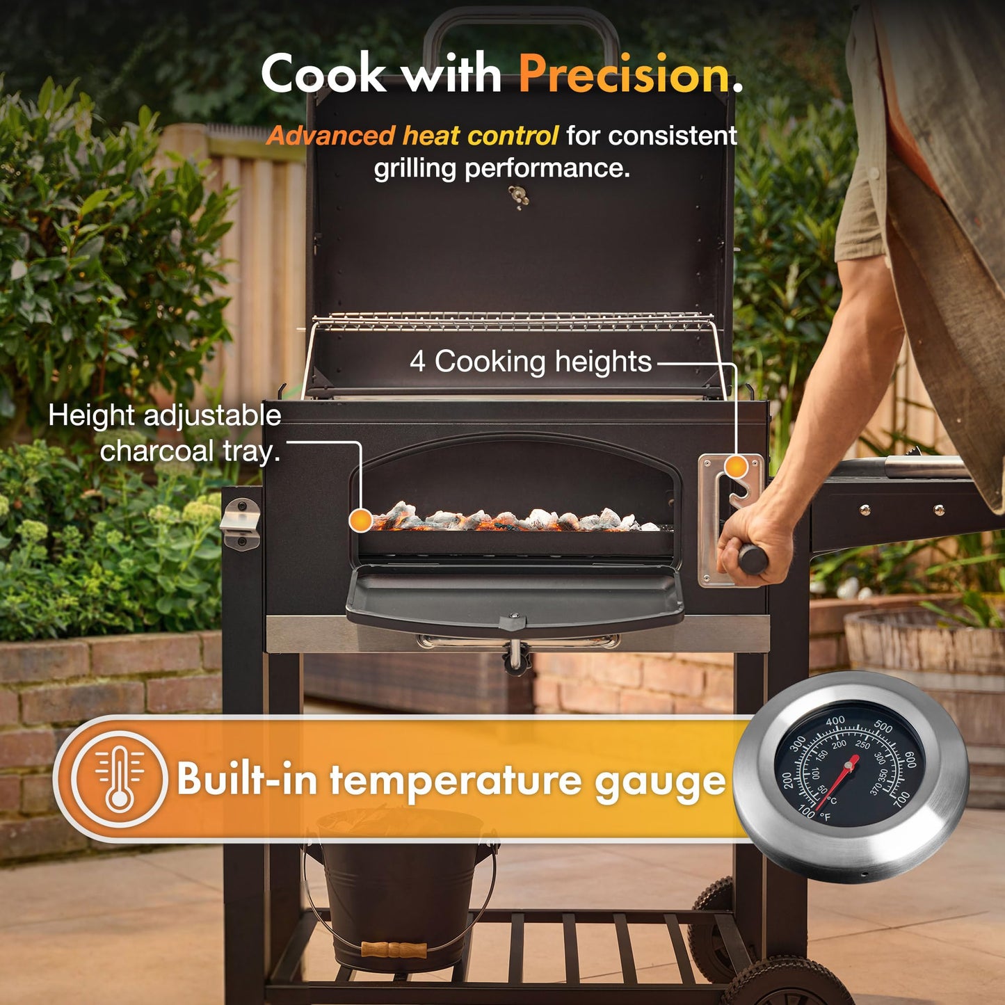 VonHaus Charcoal BBQ – XL Portable Barbecue with Warming Rack, Fold Down Shelves, Temperature Gauge, Wheels, Cooking Grill, Air Vents – 2 in 1 Barbeque and Smoker – Grill Meat, Fish & Vegetables