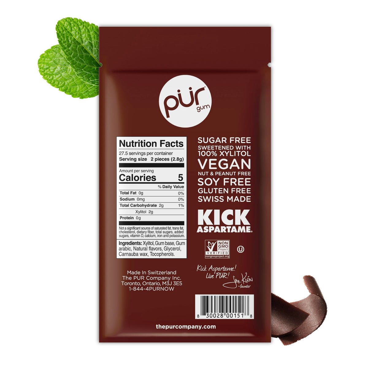 PUR Gum, Spearmint, Xylitol Gum, No Artificial flavour, 55 Count
