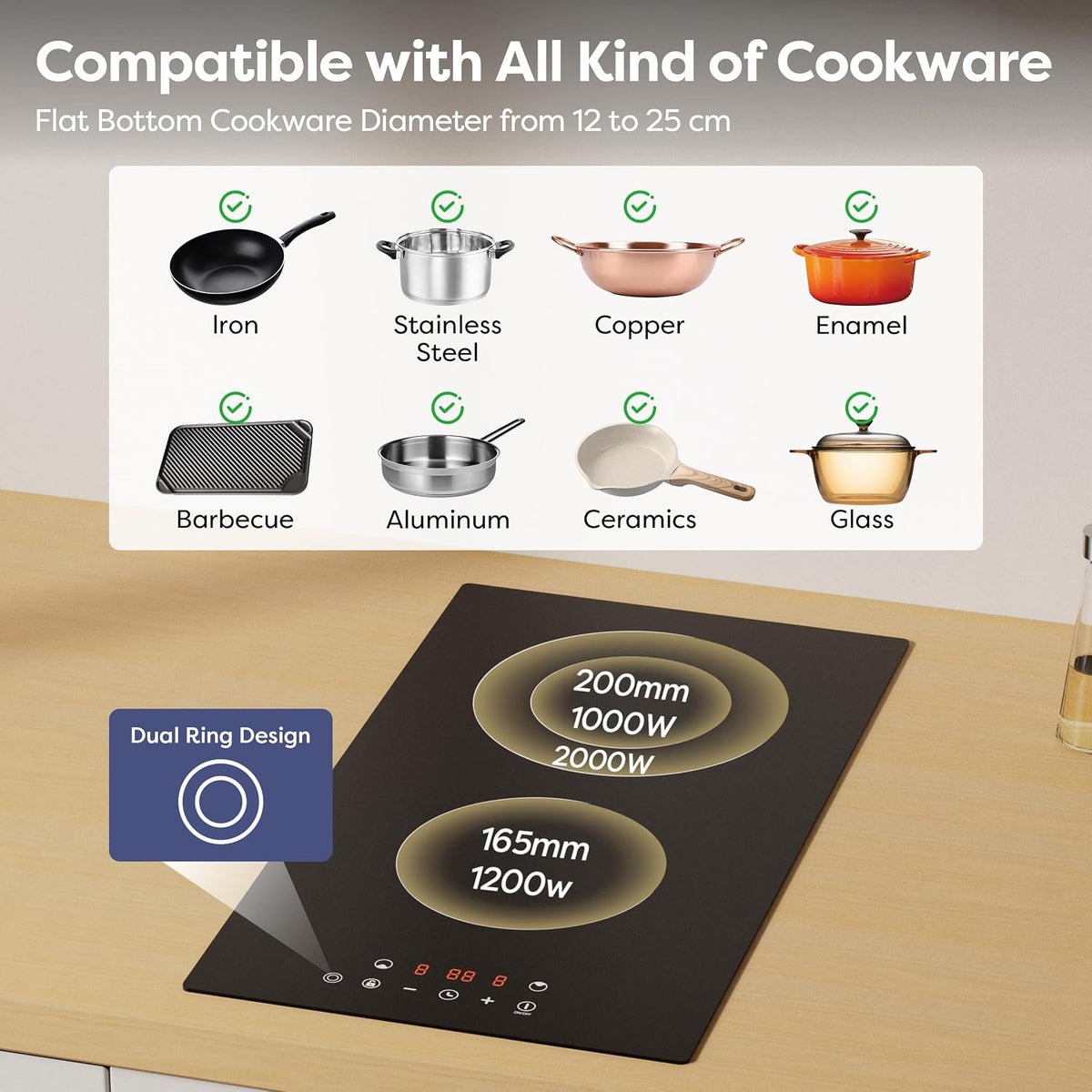 CDV 30cm Ceramic Hob 2 Rings 3200W Dual Ring Built-in Hardwired CDVER322