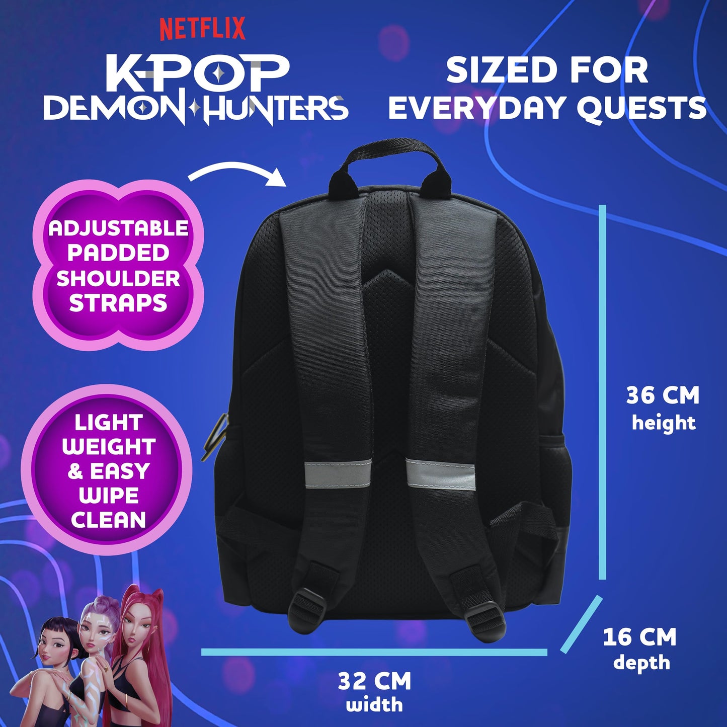 Blue Sky Studios KPop Demon Hunters HUNTR/X Backpack - Official Merchandise - Lightweight Kids School Bag with Padded Straps, Front Pocket & Silver Holographic Details - 36cm K-Pop Purple Rucksack