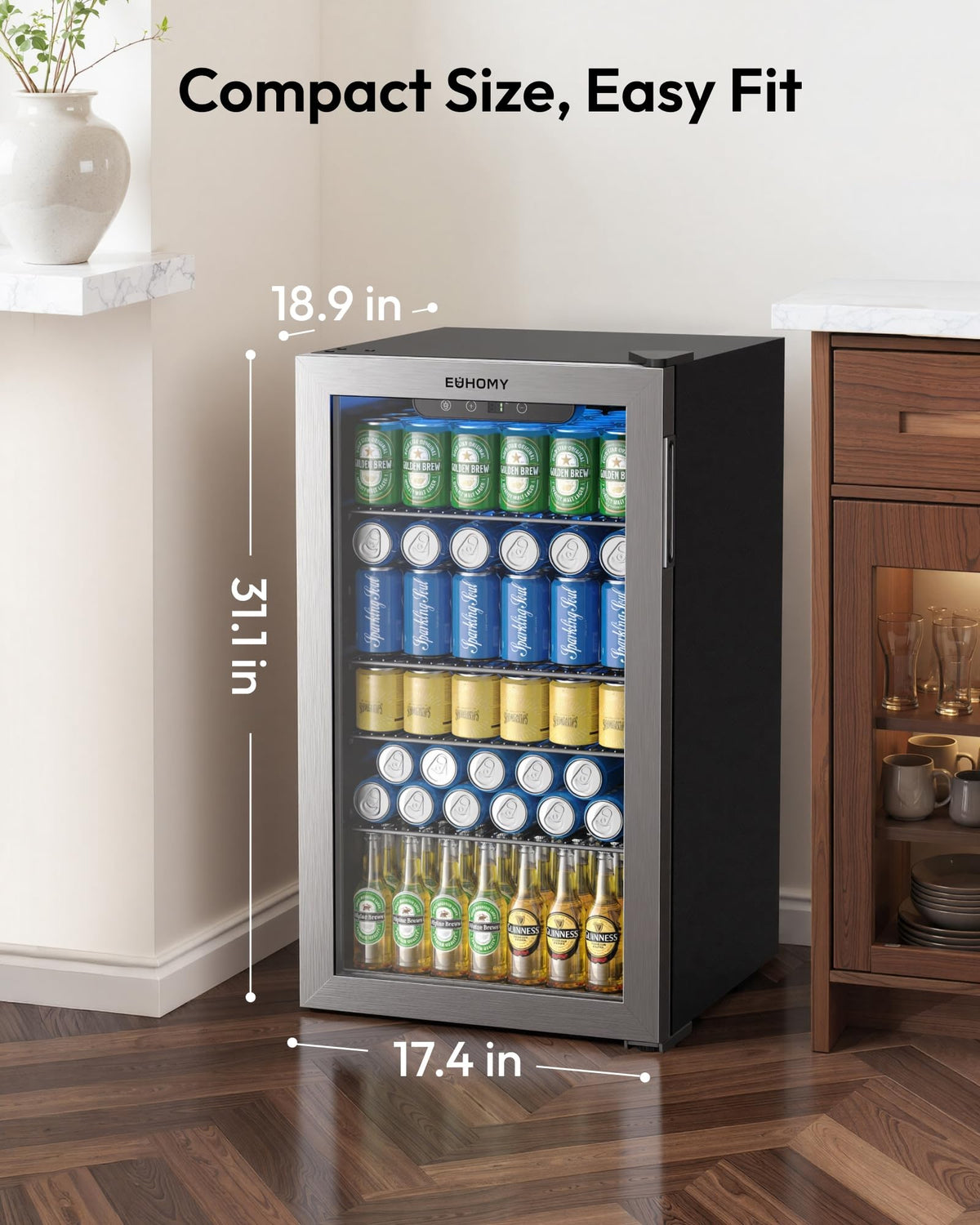 EUHOMY 93L Drinks Fridge, 126 Can Beer Fridge with Glass Door, Wine fridge with Adjustable Shelves for Soda Beer or Wine, Home/Bar/Office, Black, Steel, One-Touch Control [Energy Class F]