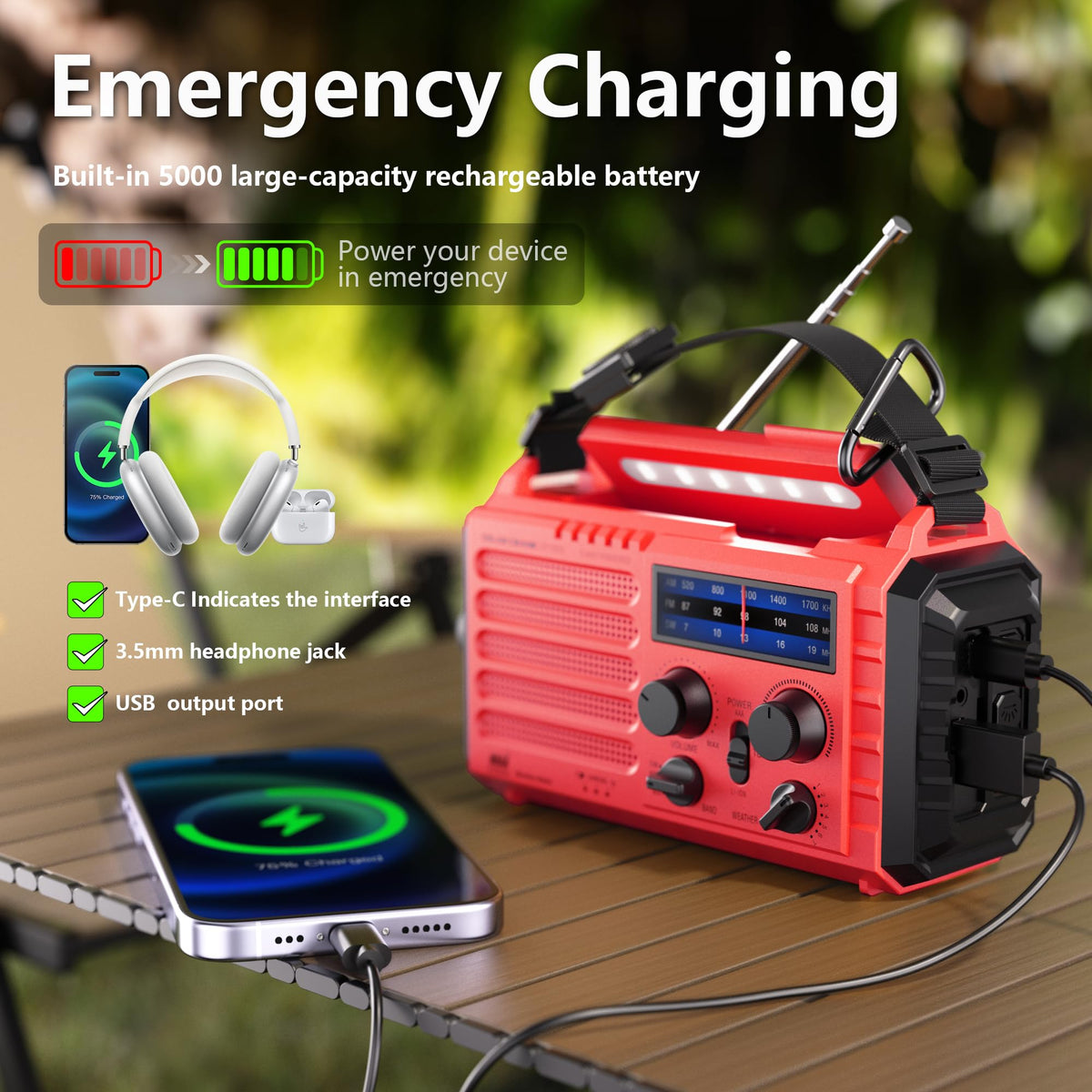 Mesqool Wind Up Radio Solar Powered, 5000mAh Emergency Hand Crank AM FM Radio with Flashlight, Reading Lamp, USB Phone Charger, SOS Alarm and Compass