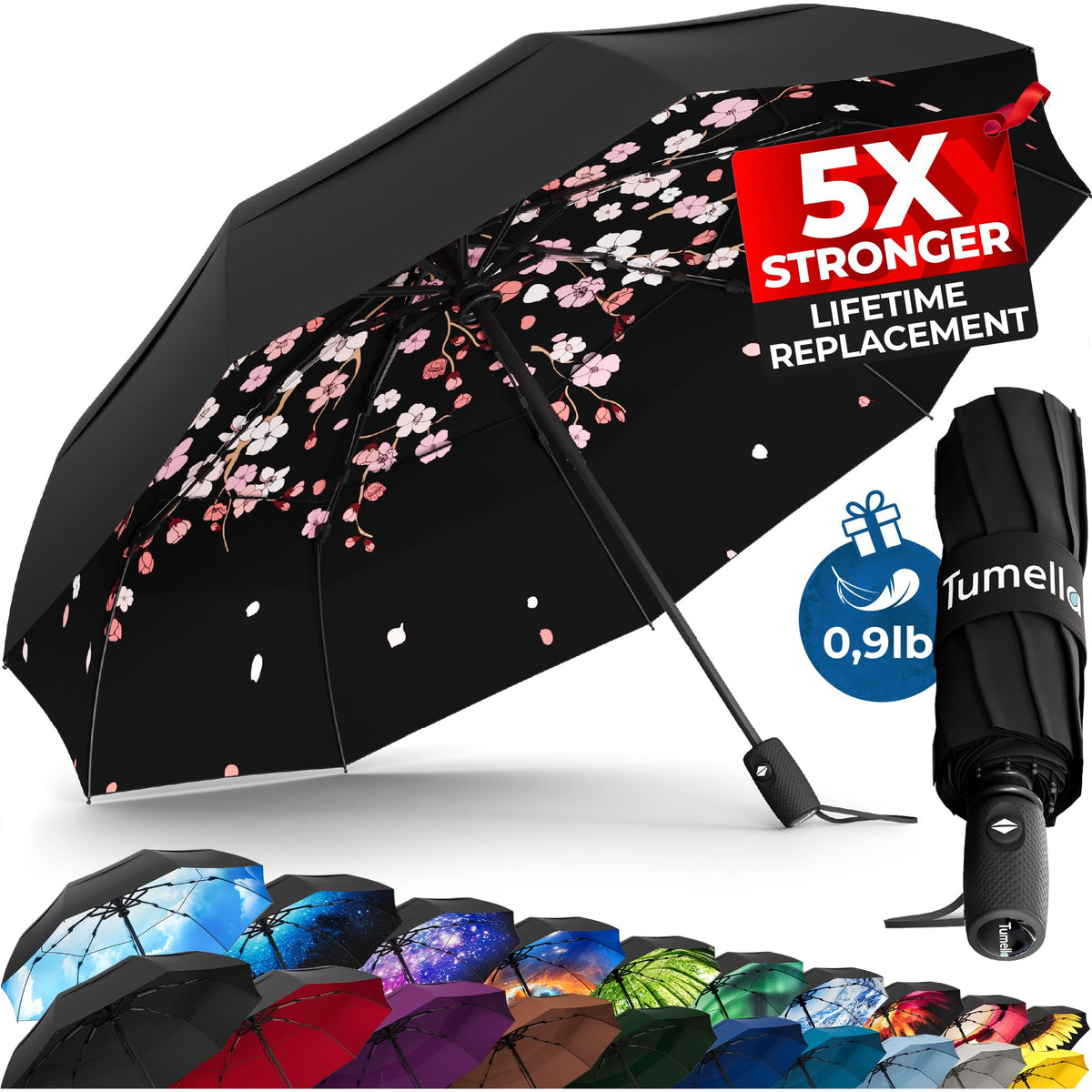 TUMELLA Strongest Windproof Travel Umbrella (Compact, 100MPH Wind-Tested)