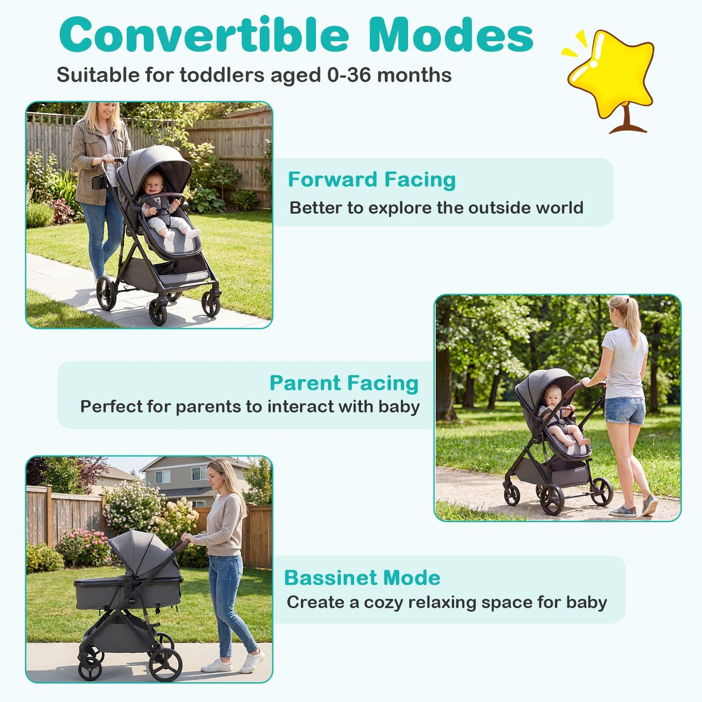 COSTWAY 3 in 1 Baby Stroller, Foldable Travel System Pram with Reversible Seat, Adjustable Canopy & Backrest, Mesh Net, Storage Basket, Lightweight Infant Newborn Pushchair for 0-36 Months (Grey)