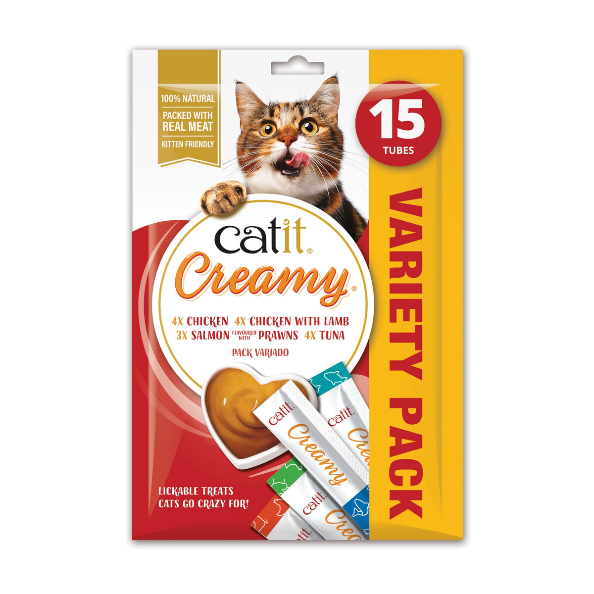 Catit Creamy Salmon & Prawn Lickable Cat Treats for Cats & Kittens 15x10g
