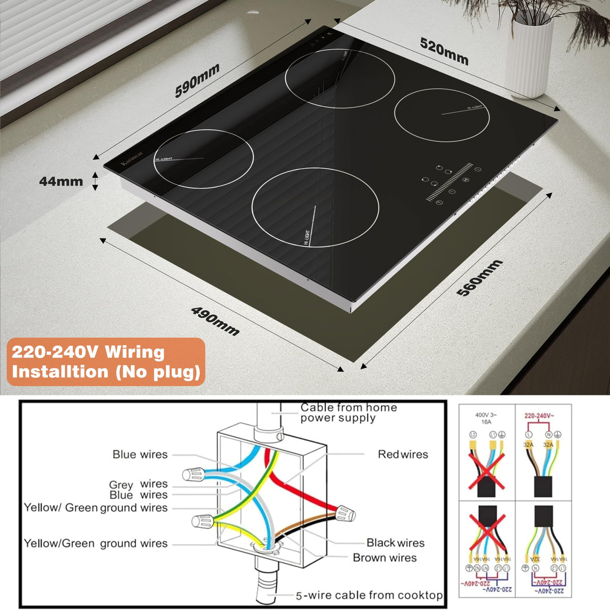 Karinear Electric Ceramic Hob 60cm 4 Zones with Built-in Extractor Hood