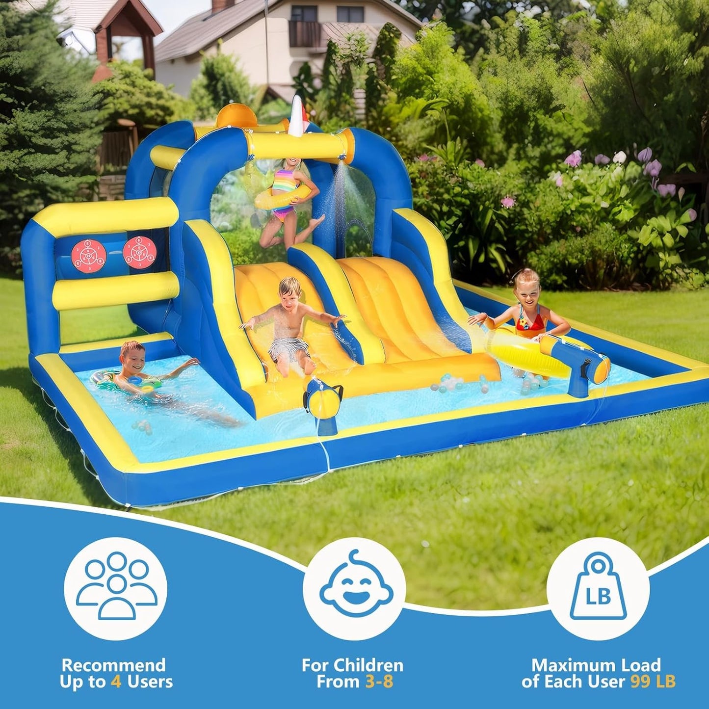 Karl home Outdoor Bouncy Castle with 450W Air Blower, Bounce House with Double Water Slide, Jumping Area, Splash Pool & Basketball Rim (470x472x225cm)