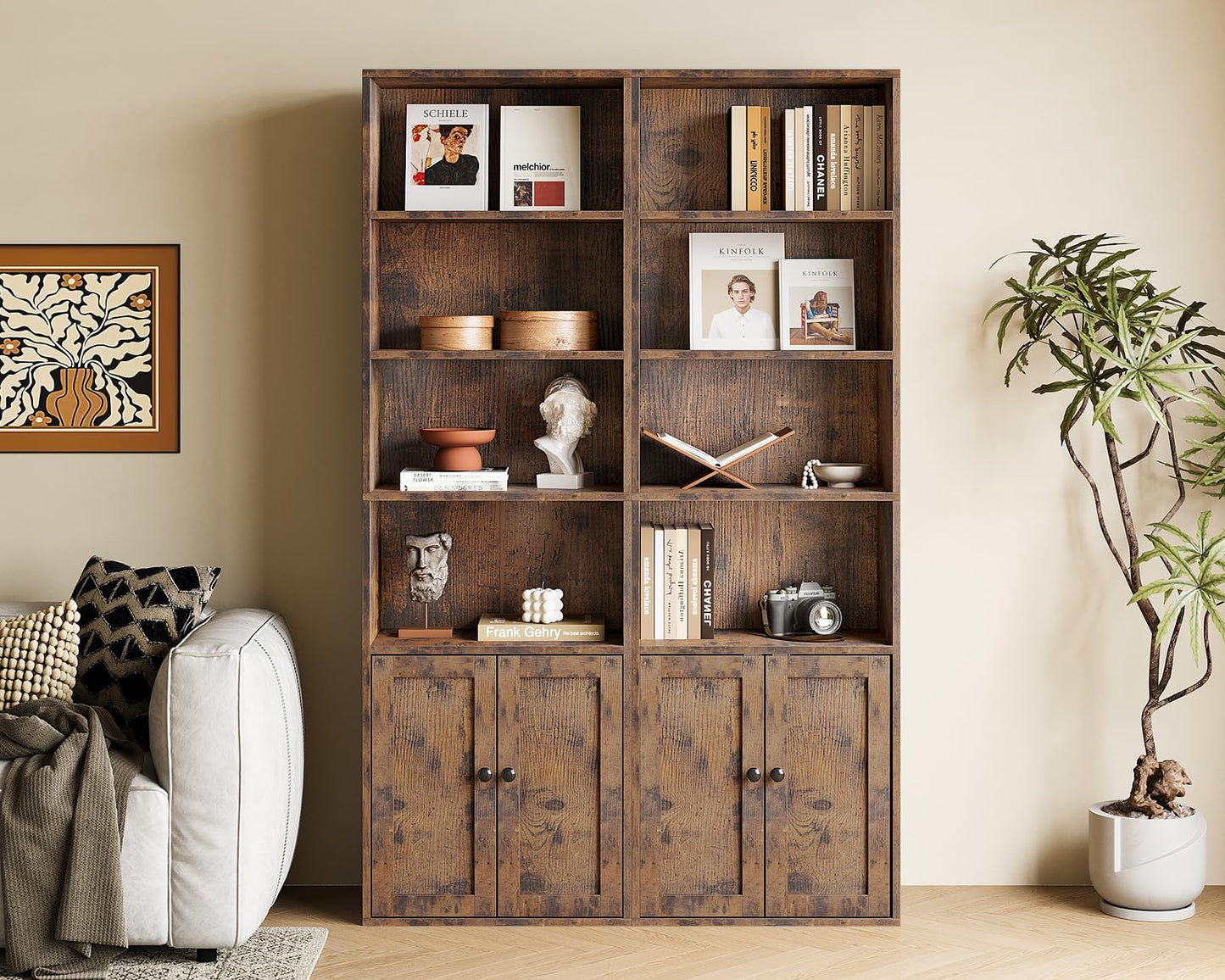 Coleshome 6-Tier Bookcase with Doors and Cabinet, Bookshelf Floor Standing Display Storage Shelf, Bookcases for Home, Office, Living Room, Bedroom, White, 48 x 24 x 176.4
