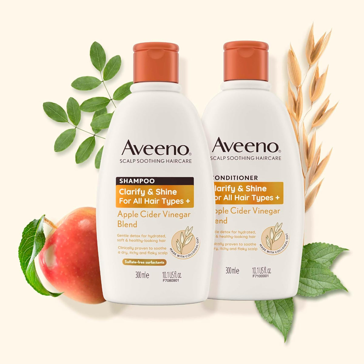 Aveeno Scalp Soothing Haircare Clarify & Shine Shampoo, Apple Cider Vinegar Blend, for All Hair Types, Soothes Dry, Itchy & Flaky Scalp, Clinically Proven, Sulfate Free, 300ml